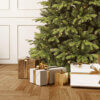 artificial christmas tree, dunhill fir, pre-lit. Up close present gift image.