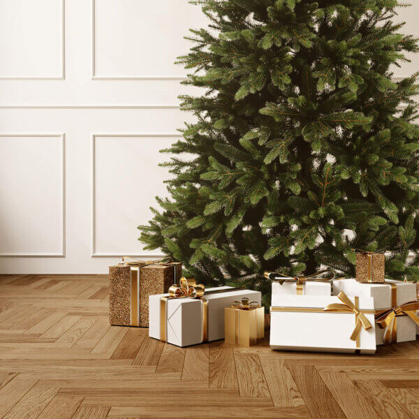 artificial christmas tree, norway spruce. Up close present gift image.