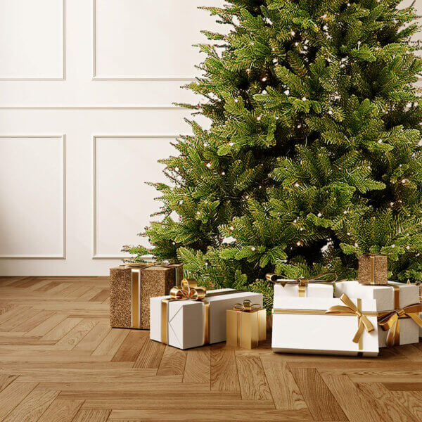 artificial christmas tree, sherwood spruce, pre-lit. Up close present gift image.